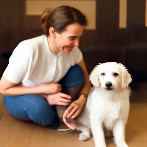 

This image shows a woman sitting on the floor with a small white dog in her lap. The woman is smiling and looking lovingly at the dog, who is looking back at her with a content expression. The image conveys the joy and