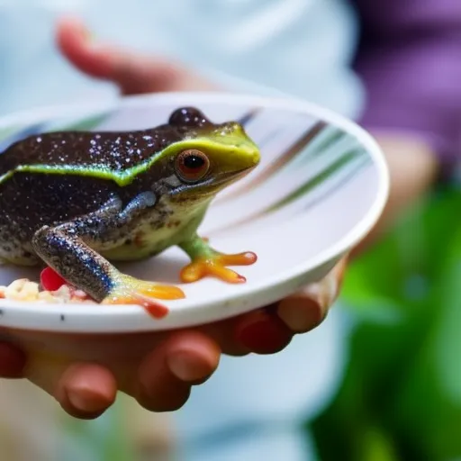 

This image shows a person holding a small frog in their hands, with a bowl of fresh fruit and vegetables in the background. The image illustrates the importance of providing proper nutrition and care for frogs, with the fresh produce providing a nutritious and balanced