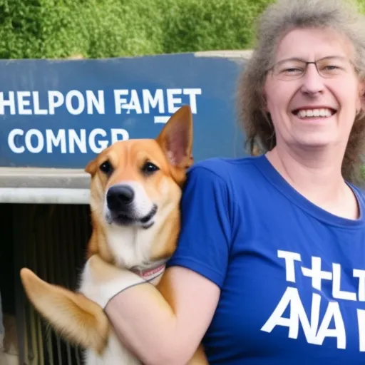 

This image shows a smiling woman with a dog in her arms, standing in front of a shelter for animals. The woman is wearing a volunteer t-shirt, indicating that she is helping out at the shelter. The image conveys the idea