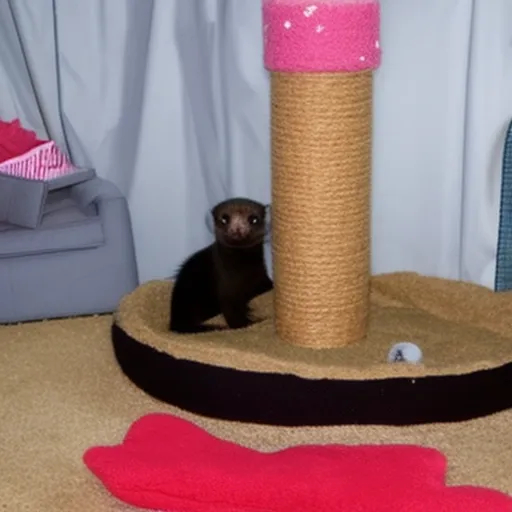 

This image shows a comfortable and inviting space for a pet ferret. It includes a cozy bed, a variety of toys, and a scratching post. The space is designed to provide a safe and stimulating environment for the ferret to explore and