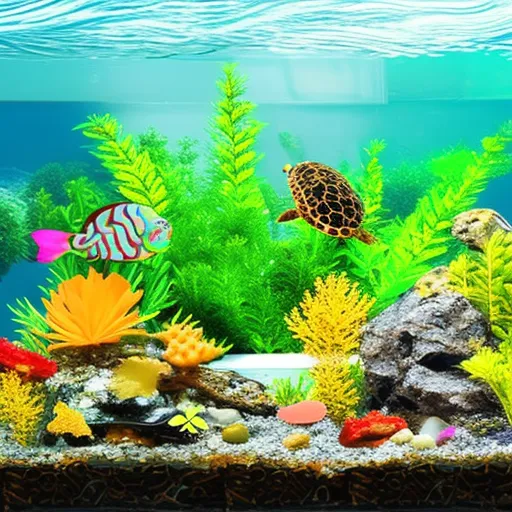 

The image shows a large, brightly-colored aquarium with a variety of plants and rocks, as well as a small turtle swimming around. The turtle is surrounded by a healthy and vibrant aquatic environment, providing a perfect habitat for it to thrive.