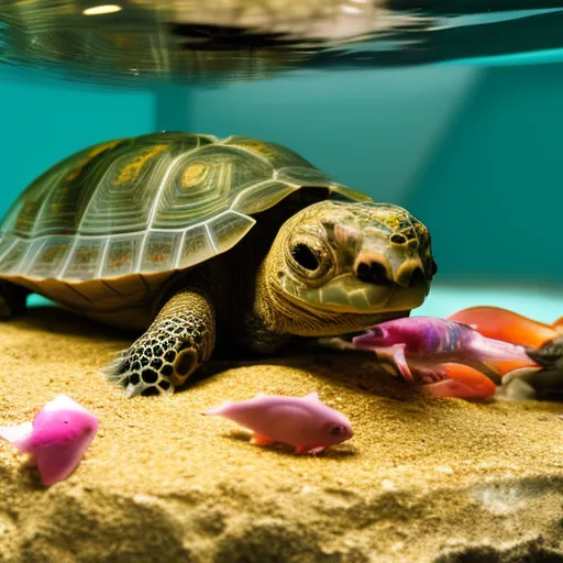 

An image of a small tortoise swimming in a tank with a variety of other small fish and aquatic creatures. The image illustrates how tortoises can peacefully cohabit with other animals in a home environment, providing a unique and interesting pet