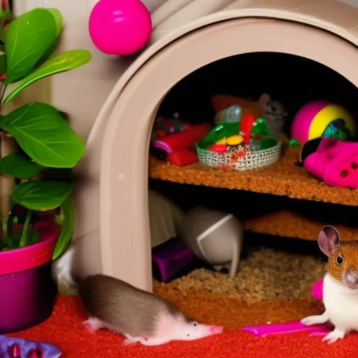 

This image shows a pet rodent in a cozy home, surrounded by a variety of toys, tunnels, and other items to keep them entertained. The background is a bright and colorful room, with plenty of space for the rodent to explore and play