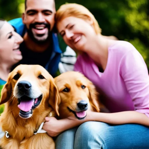 

This image shows a happy family with their pet dog, a golden retriever. The family is smiling and the dog is looking up at them with love and affection. The image conveys the idea that having a pet can bring joy and companions