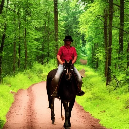 

This image shows a person riding a horse through a lush, green forest. The horse is walking along a dirt path, surrounded by tall trees and a beautiful landscape. The rider is wearing a cowboy hat and a smile, enjoying the peaceful and