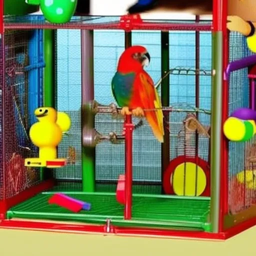 

This image shows a brightly colored parrot perched in a spacious cage with a variety of toys and perches. The cage is made from sturdy metal bars and has a large door for easy access. The image illustrates the importance of choosing the right
