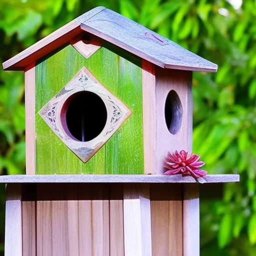 

This image shows a beautiful dove perched atop a birdhouse in a lush, green garden. The birdhouse is made of wood and is adorned with a diamond-shaped opening, providing the perfect home for a dove. The vibrant colors of the