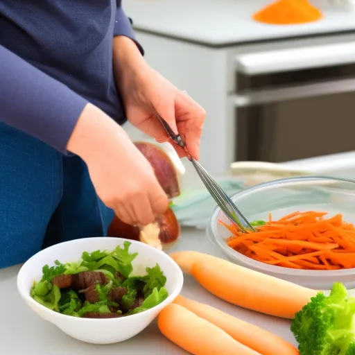 

This image shows a person preparing a homemade meal for their pet. The person is cutting up vegetables and mixing them with other ingredients in a bowl. The ingredients in the bowl include carrots, celery, and other vegetables. The person is wearing