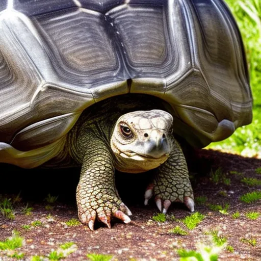 

This image shows a close-up of a tortoise, looking directly at the camera. Its eyes are bright and alert, and its head is raised in a curious manner. The tortoise appears to be interested in its surroundings, suggesting that