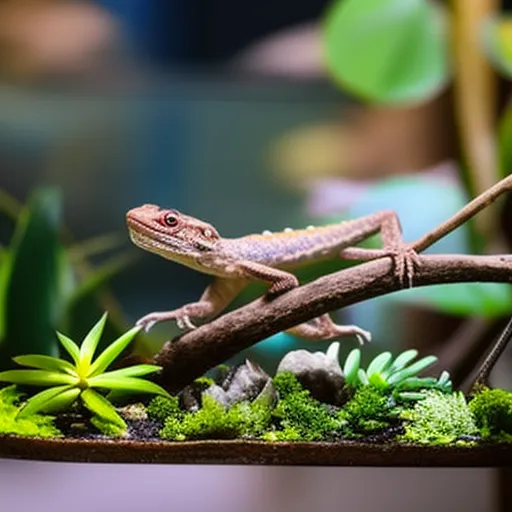 

This image shows a terrarium with a gecko perched on a branch. The terrarium is filled with plants and branches, providing a natural habitat for the gecko. The background of the image is blurred, emphasizing the gecko and its