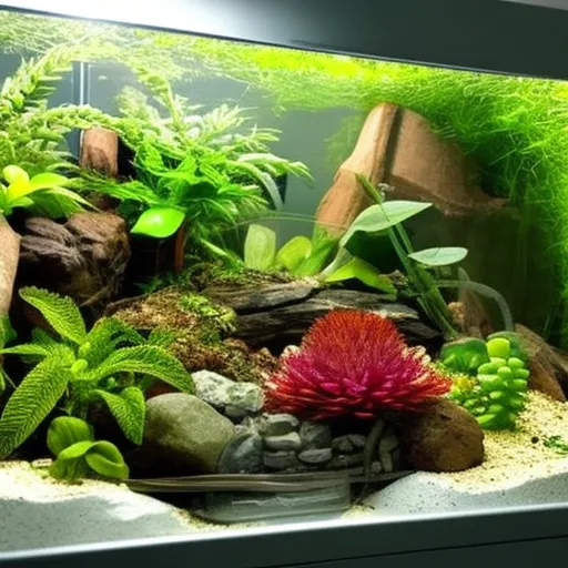 

This image shows a terrarium with a snake inside, surrounded by a variety of plants and other natural elements. The terrarium is designed to create a comfortable and safe environment for the snake, with plenty of hiding places and a temperature gradient to