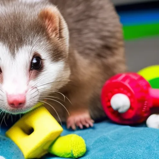 

This image shows a domestic ferret playing with a toy. The ferret has a friendly and intelligent expression, suggesting that it is an ideal pet for those looking for an affectionate and playful companion.