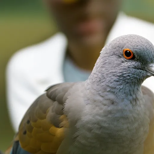 

This image shows a beautiful white and grey ring-necked dove perched on a person's finger. The dove is looking directly at the camera, its eyes bright and alert. The image conveys the idea of a loving and trusting relationship between