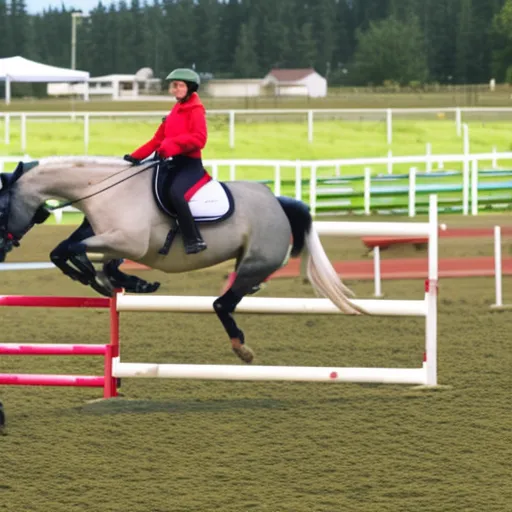 

This image shows a horse and rider in the middle of an agility course. The horse is jumping over a series of obstacles, while the rider is guiding the horse with a gentle hand. The scene is full of energy and excitement, illustrating the