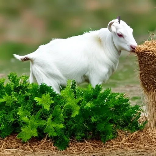 

This image shows a small white goat eating hay from a bowl. The goat is surrounded by a variety of green plants, indicating that it is living in a healthy environment. The image illustrates the importance of providing a balanced diet for a miniature goat