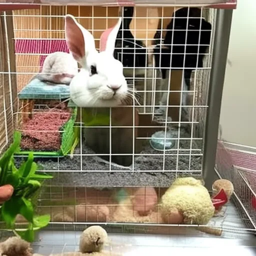

This image shows a cozy and comfortable interior setup for a pet rabbit. It includes a spacious cage with plenty of room to move around, a soft bedding area, and a variety of toys and activities to keep the rabbit entertained. The setup