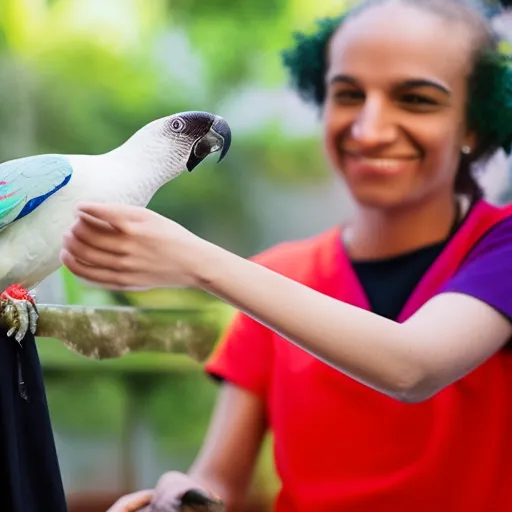 

This image shows a person and a parrot interacting with each other in a friendly manner. The person is smiling and has their hand outstretched, while the parrot is perched on their arm, looking directly at the person. The image conve