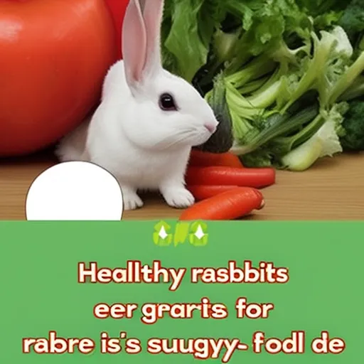 

The image shows a white rabbit eating a carrot from a bowl of fresh vegetables. The caption reads: "Healthy food is essential for your pet rabbit's diet - avoid sugary treats!" This image is perfect to illustrate an article about the