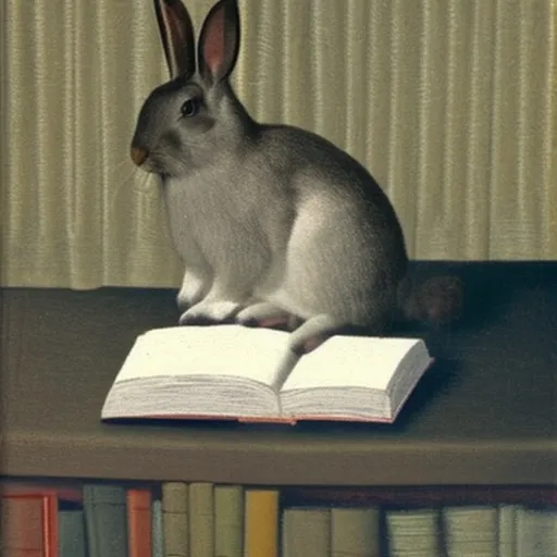 

Une image d'un lapin blanc et gris assis sur un canapé, regardant avec curiosité un livre ouvert devant lui. Cette image illustre parfaitement