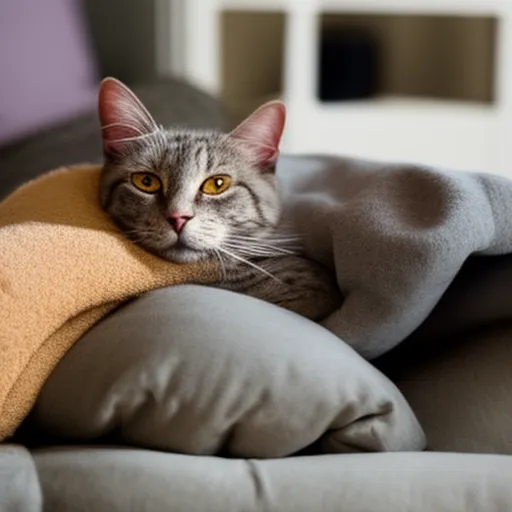 

This image shows a contented cat curled up on a comfortable chair, surrounded by a warm blanket and a cushion. The cat's relaxed posture and peaceful expression demonstrate the calming effect that cats can have on their owners. This image is a perfect