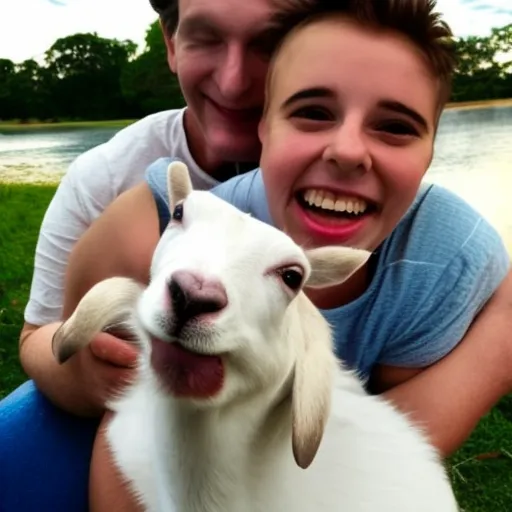 

This image shows a happy couple cuddling a small white goat. The goat is looking contentedly at the camera, and the couple is smiling. This image illustrates the unexpected benefits of adopting a miniature goat as a pet, such as companions