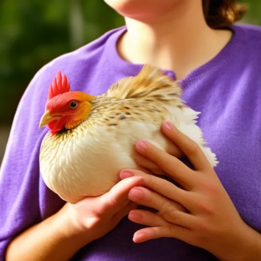 

This image shows a smiling woman holding a small chicken in her arms. The chicken is contentedly perched on her arm, and the woman is looking down at it with a loving expression. The image conveys the idea that chickens can make wonderful