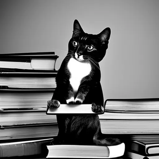 

This image shows a black and white cat with a mischievous expression, perched atop a stack of books. The cat appears to be looking directly at the viewer, as if to suggest that it is a famous feline with a long history