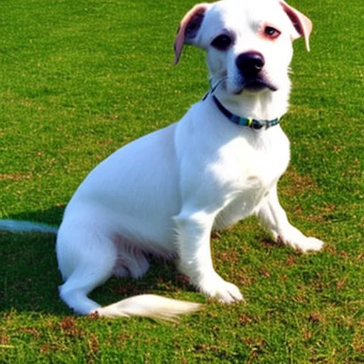 

This image shows a small white dog with a brown patch on its forehead, sitting in a grassy field. The dog looks content and is surrounded by a bright green landscape. This image illustrates the article "Les chiens 'hypoall