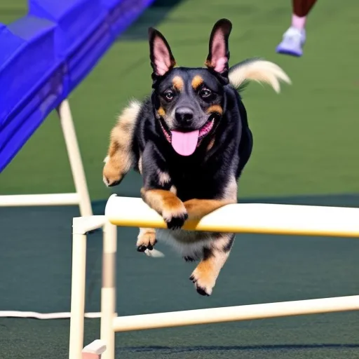 

This image shows a happy dog and its owner competing in a canine agility course. The dog is jumping over a hurdle and the owner is encouraging it with a smile. The image illustrates the joy of participating in canine competitions and the bond between dog
