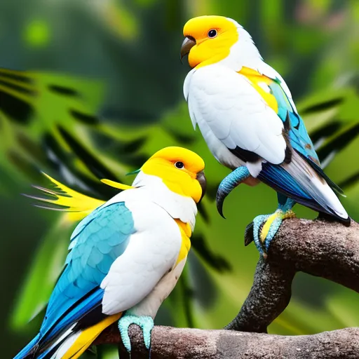 

This image shows two colorful and vibrant cockatoos perched on a branch. The cockatoos have distinct features, with one having a bright yellow crest and the other having a white crest. They are looking at each other with curiosity, highlighting