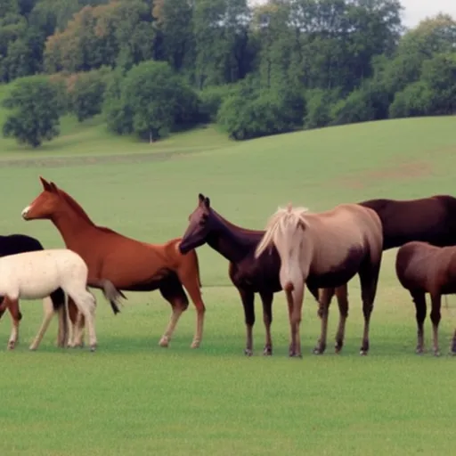 

This image shows a variety of different horse and donkey breeds standing together in a field. The different breeds are identified by their unique characteristics, such as size, color, and facial features. The image illustrates the wide range of breeds available and their