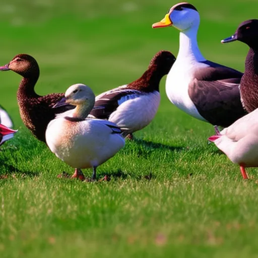 

This image shows a group of four ducks of different breeds, enjoying a sunny day in a grassy field. The ducks are of various colors, including white, brown, and black, and they appear to be happily interacting with each other.