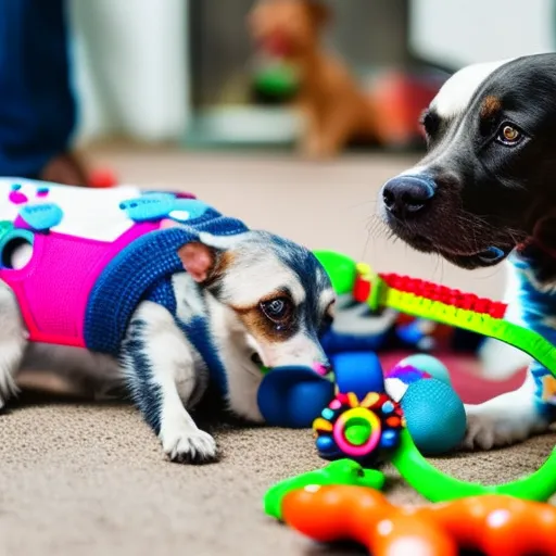 

This image shows a happy dog wearing a bright blue harness and leash, with a variety of colorful toys scattered around them. The dog is smiling and appears to be enjoying their time playing with the toys. This image illustrates the article about the best