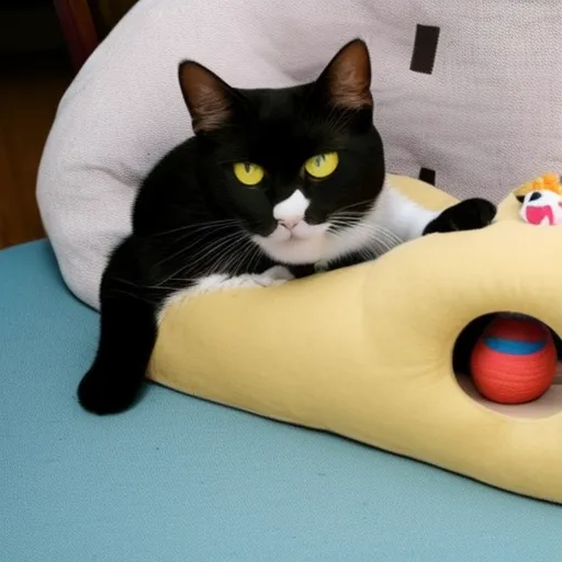 

Une image d'un chat assis sur un coussin moelleux et confortable, entouré de jouets et de divers accessoires pour chats. Le chat semble heureux et détend
