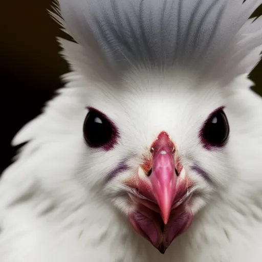 

This image shows a close-up of a white chicken with its head tilted to the side, looking directly at the camera. Its feathers are soft and fluffy and its eyes are bright and friendly. The image conveys a sense of warmth and