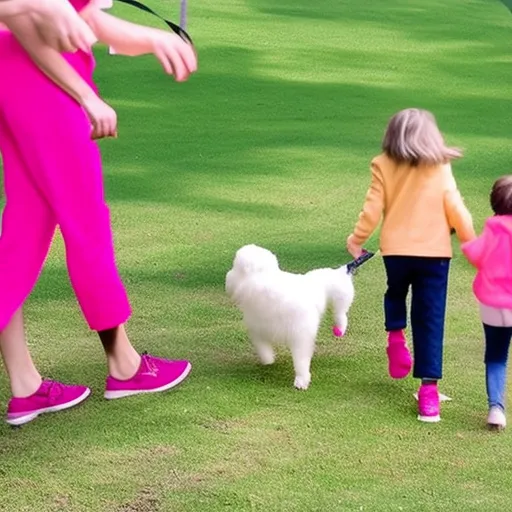 

This image shows a family of four, with two adults and two children, walking a small, white, fluffy dog. The dog is wearing a bright pink collar and is happily trotting alongside the family, its tail wagging. The