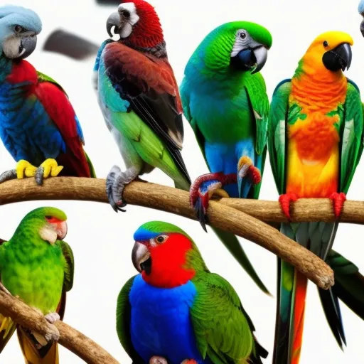 

This image shows a variety of colorful parrots, including a parakeet, a cockatoo, and a parrot, all eating different types of food. The image illustrates the importance of providing different types of food to different species of