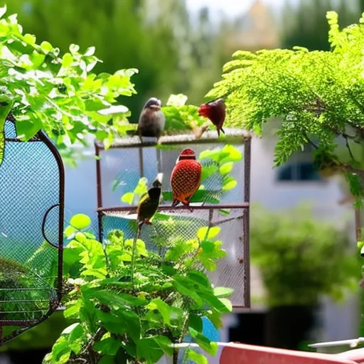 

This image shows a beautiful bird aviary, with a variety of colorful finches perched on branches and a bright blue sky in the background. The aviary is filled with lush green plants and shrubs, providing a safe and comfortable habitat for