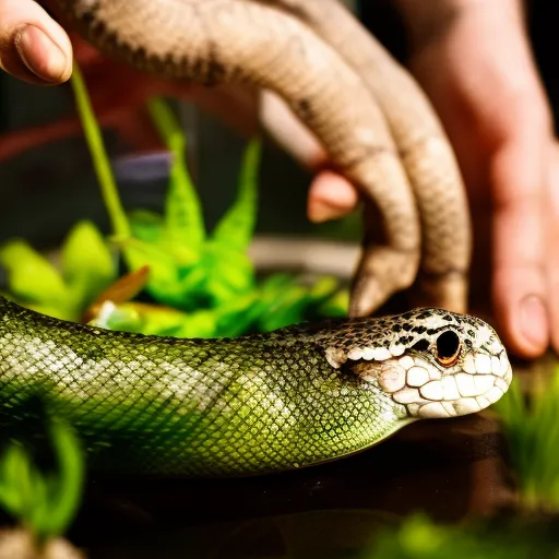 

This image shows a close-up of a snake in a terrarium, with a person's hand gently stroking its back. The terrarium is filled with a variety of plants and other items, suggesting that the snake is being kept in