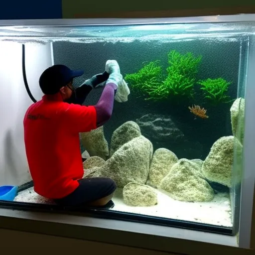 

This image shows a person carefully cleaning the inside of a freshwater aquarium tank, using a sponge and a net to remove debris and algae. The person is wearing protective gloves and goggles, demonstrating the importance of safety when caring for an aquarium. The