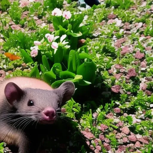 

Cette image montre un furet heureux et en bonne santé qui se promène dans un jardin, entouré de fleurs et de plantes. Il est accompagné par