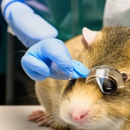

An image of a small rodent, such as a hamster, receiving a check-up from a veterinarian. The veterinarian is wearing a face mask and gloves, and is carefully examining the rodent's eyes, ears, and teeth. The image