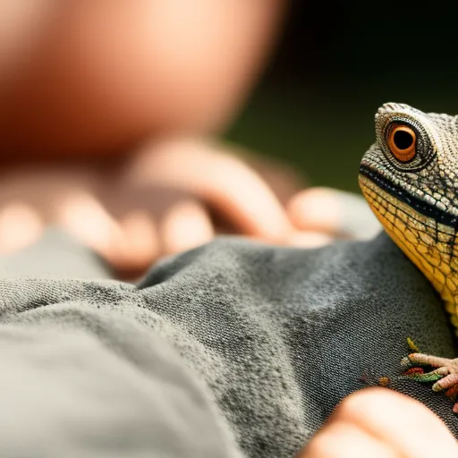 

An image of a person gently petting a small lizard while wearing protective gloves. The lizard is perched on their arm, looking content and relaxed. The image illustrates the importance of providing essential care for lizards to ensure their health and wellbeing.