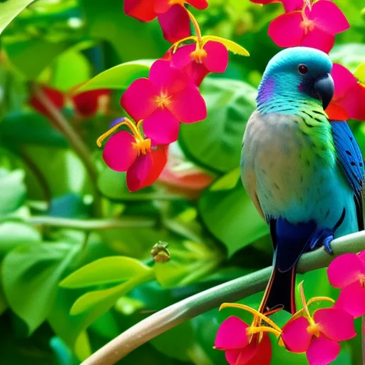

This image shows a colorful parakeet perched on a branch in a lush green garden. The bird is surrounded by a variety of plants and flowers, and appears to be content and healthy. This image is a perfect illustration for an article about