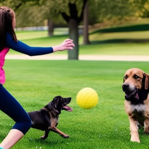 

This image shows a young woman and her dog happily playing together in a park. The woman is smiling and laughing as she throws a ball for the dog, who is eagerly running to fetch it. The image illustrates the importance of socializing pets