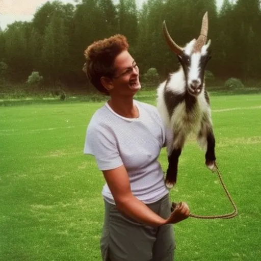 

The image shows a happy goat standing on a grassy field, with a person standing beside it and holding a rope attached to the goat's collar. The person is smiling and looking at the goat, which is looking contentedly back at them