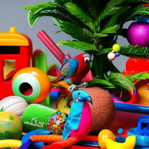 

This image shows a parrot perched on a tree branch, surrounded by a variety of colorful toys and objects. The parrot appears to be happily engaged in playing with the toys and exploring its environment. This image illustrates the importance of providing enrichment
