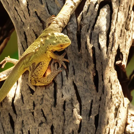 

This image shows a gecko perched on a tree branch, its body perfectly blending in with the bark. Its incredible ability to adapt and camouflage itself is a testament to its remarkable survival skills.