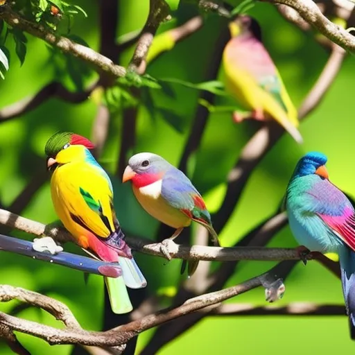 

This image shows a variety of colorful birds perched on a tree branch. The birds represent some of the best bird species for novice bird breeders, including parakeets, finches, and canaries. The vibrant colors of the birds highlight