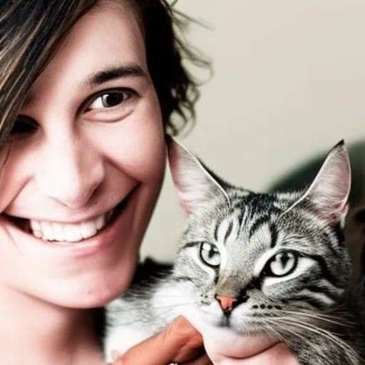

This image shows a young woman cuddling a white and gray tabby cat. The woman is smiling and the cat is contentedly purring in her arms. The image conveys the joy and satisfaction that comes from owning a pet,